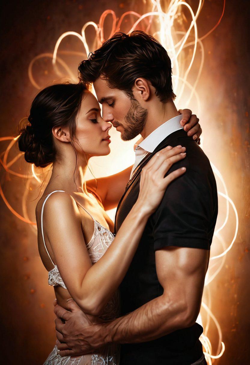 A sensual, intimate scene depicting a couple engaged in a passionate embrace, intertwined with glowing lines representing real-time digital connections. Soft ambient lighting creates a warm, inviting atmosphere, while ethereal elements like hearts and sparkles subtly float in the background. The focus is on their expressions of desire and intimate engagement, symbolizing personalized erotic experiences. painting. soft focus. warm tones.