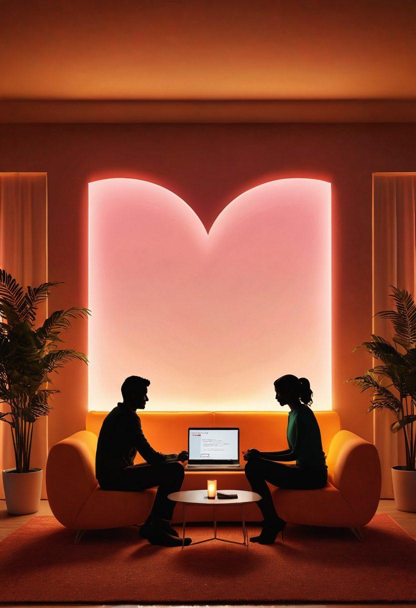 A cozy and intimate digital chat environment, featuring a softly illuminated room with plush seating and a glowing laptop screen that displays a vibrant and inviting chat interface. Include silhouettes of two people engaging in conversation, with warm tones and subtle heart motifs in the background to evoke passion and connection. The scene should feel inviting and exclusive. super-realistic. warm colors. soft lighting.